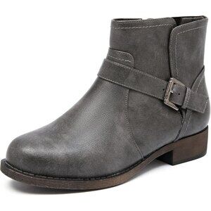 Veittes Women's Grey Comfort Slip On Low Chunky Heel Boot with Buckle Strap